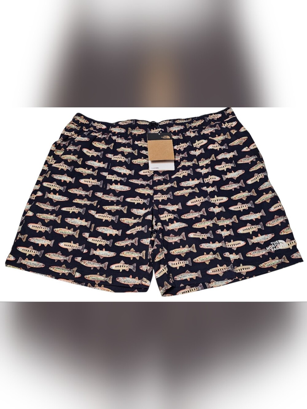 The North Face Class V Pull-On Shorts Aviator Navy Trout Printed Mens Size L 7”